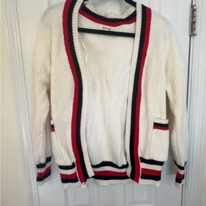 Miracle Women's White Cardigan Sweater with Red and Black Accents Varsity